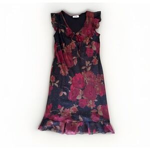 VTG 90s Dress Y2K Red Black Roses Formal HOCO Sheer Dark Goth Romantic Sz 12/14